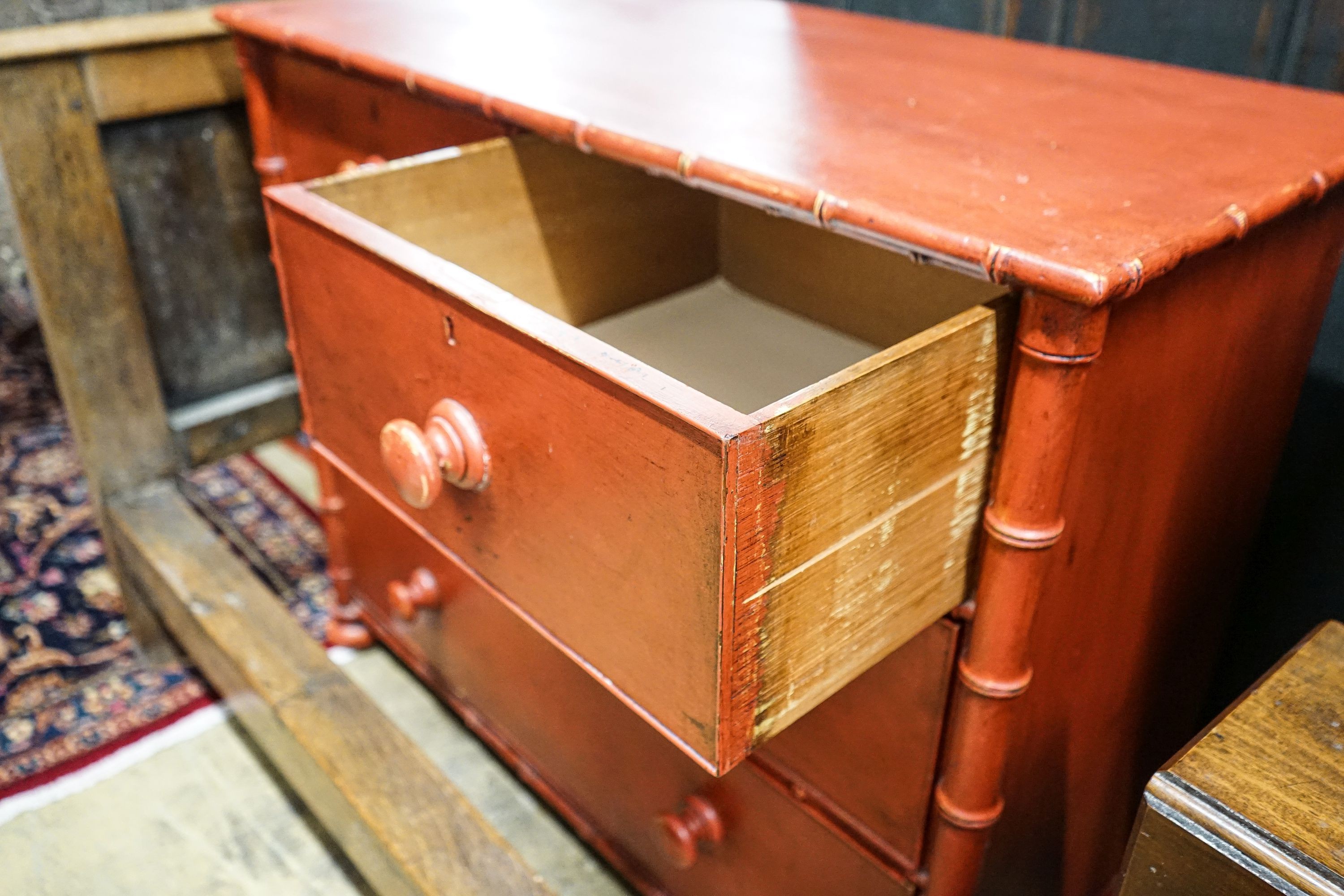 A Victorian faux bamboo turned painted pine chest, width 104cm, depth 49cm, height 86cm